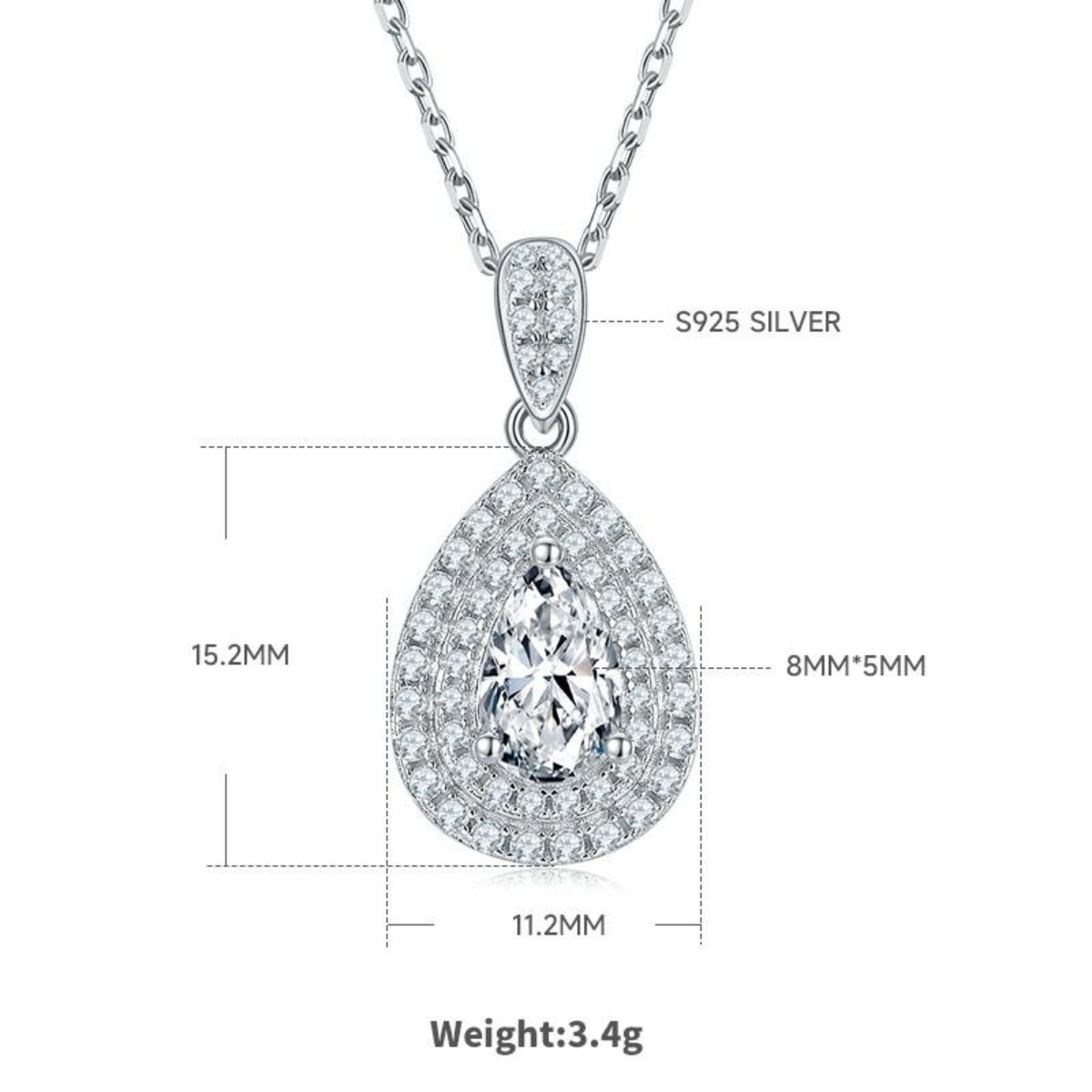 Silver teardrop pendant necklace with measurements and material details on a white background