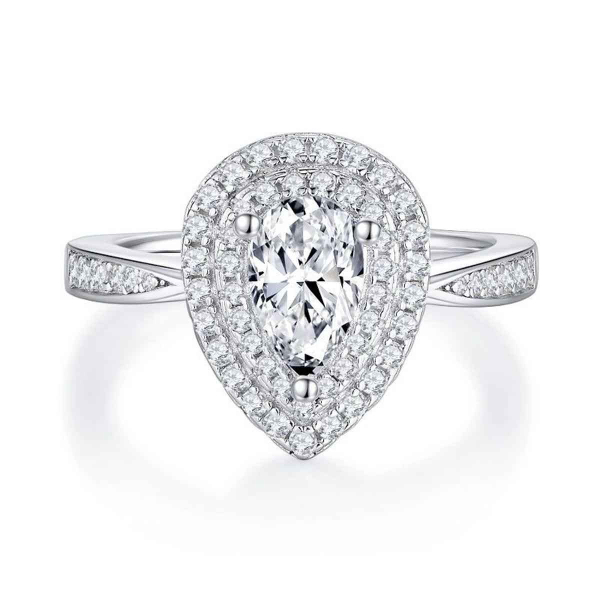 Diamond ring with pear-shaped center stone on a white background