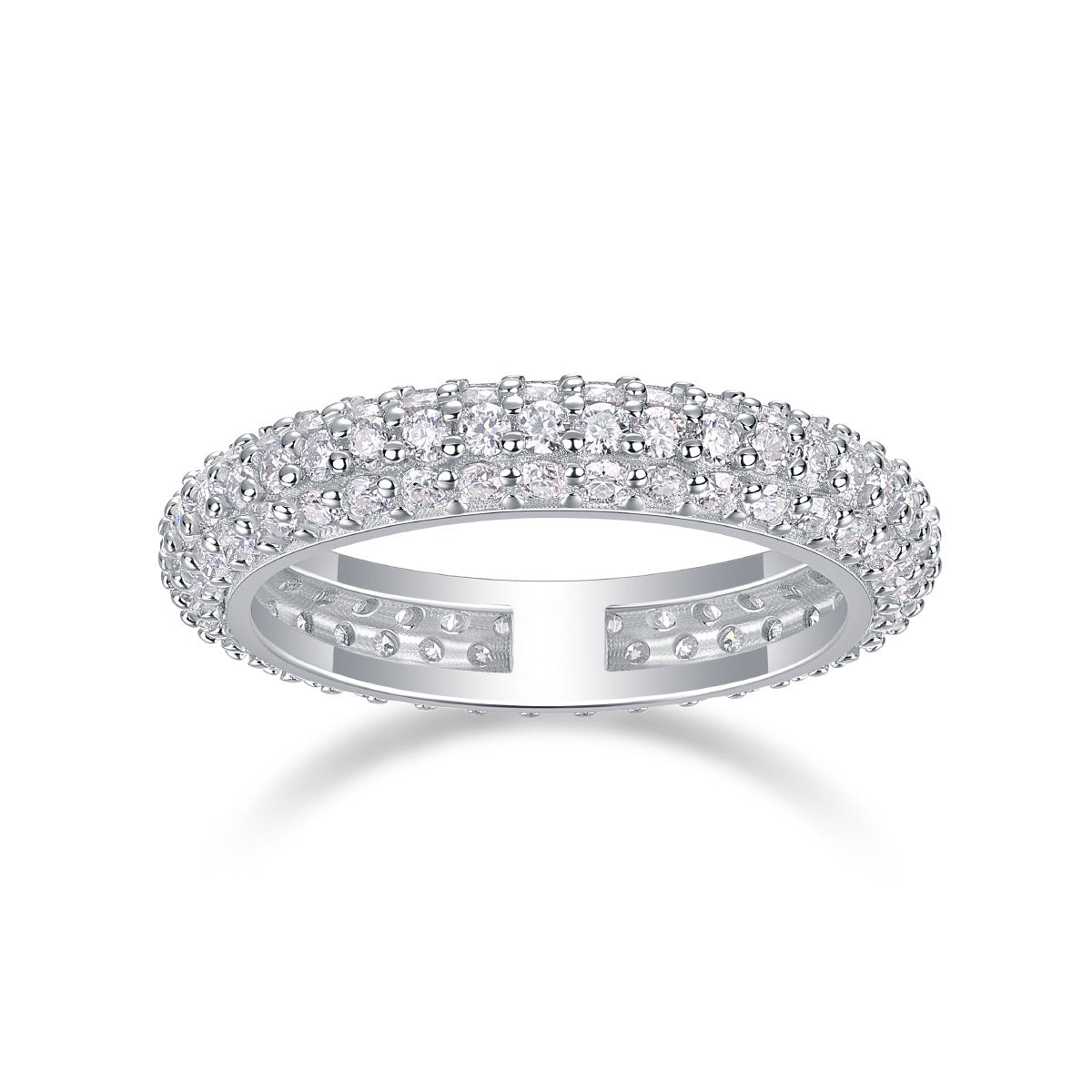 Silver ring with embedded diamonds on a white background